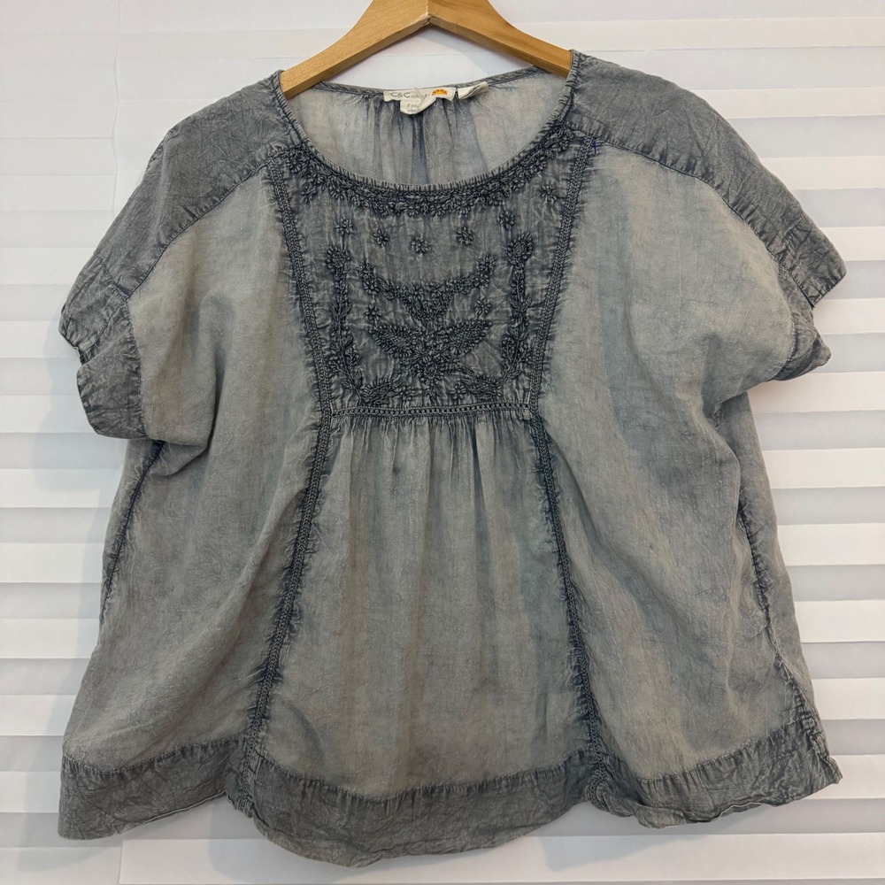 C&C California Womens Blue Acid Wash Embroidered Cotton Boho Blouse Size M